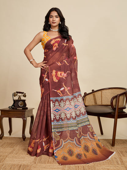 Maroon Linen Cotton Saree With Digital Printed Work And Silver Zari Border | Lightweight Festive & Party Wear – JaipurSaaj