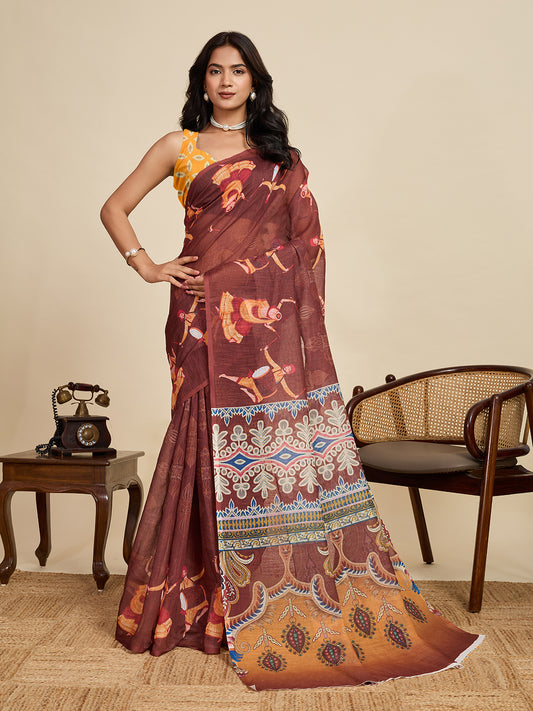 Maroon Linen Cotton Saree With Digital Printed Work And Silver Zari Border