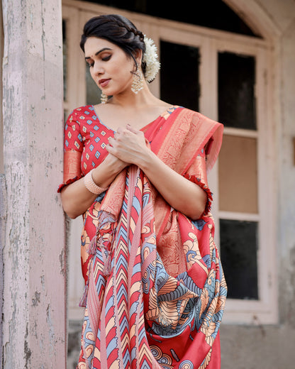 Red Tussar Silk Saree With Digital Kalamkari Print & Zari Motif Border | Casual & Festive Wear – JaipurSaaj