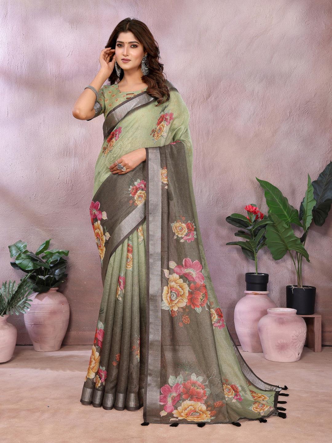 Multi Linen Cotton Saree With Digital Printed Work And Silver Zari Border