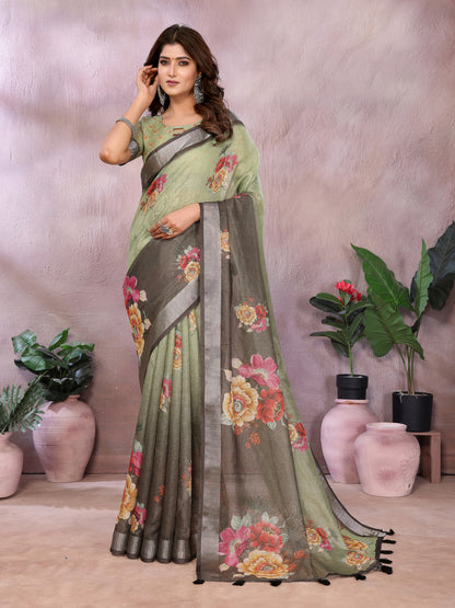 Multi Linen Cotton Saree With Digital Printed Work And Silver Zari Border