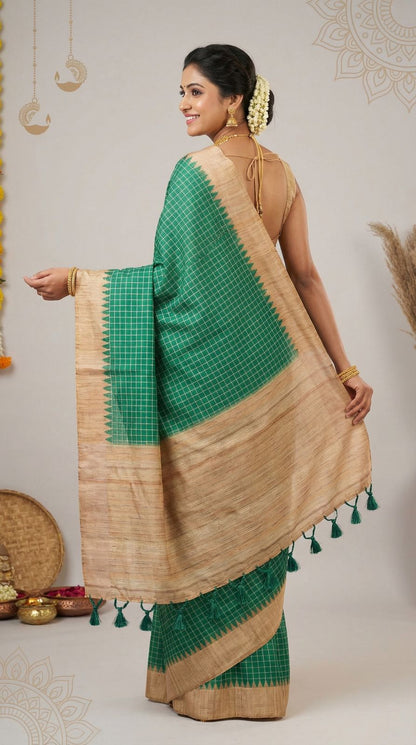 Rama Green Tussar Silk Saree With Checks Weaving Work | Office & Festive Wear – JaipurSaaj