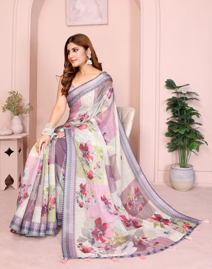 Multi Linen Cotton Saree With Digital Printed Work And Silver Zari Border