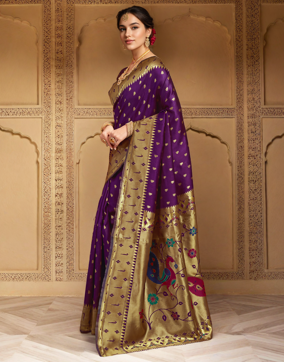 Traditional Wine Paithani Silk Saree With Zari Weaving Work