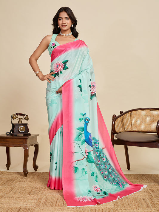Sky Blue Soft Chinnon Silk Saree With Digital Printed Work