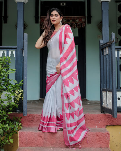 White And Pink Floral Digital Printed Linen Cotton Saree