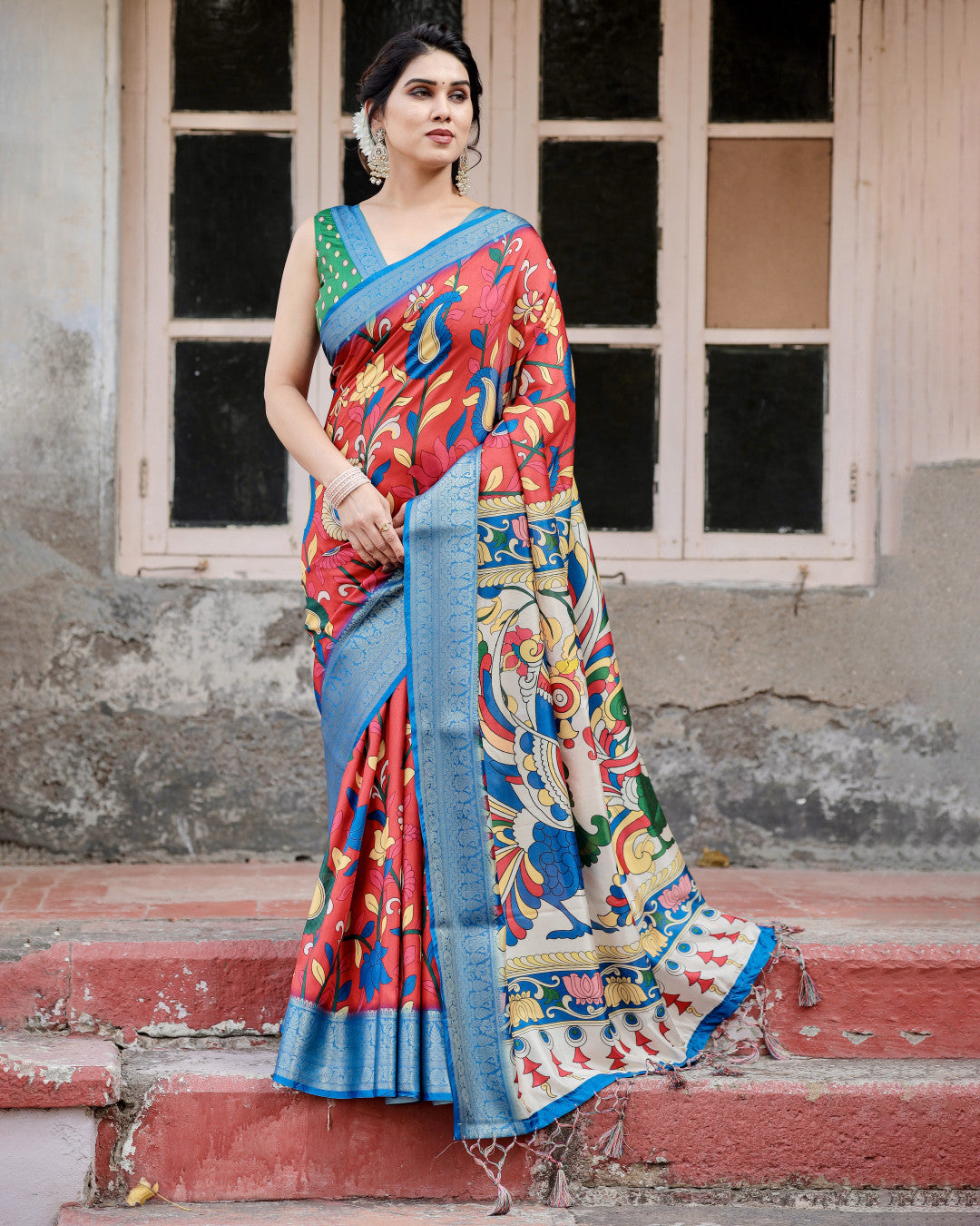 Multi Kalamakari Floral Printed Tussar Silk Saree With Zari Motif Border | Festive Ethnic Wear – JaipurSaaj