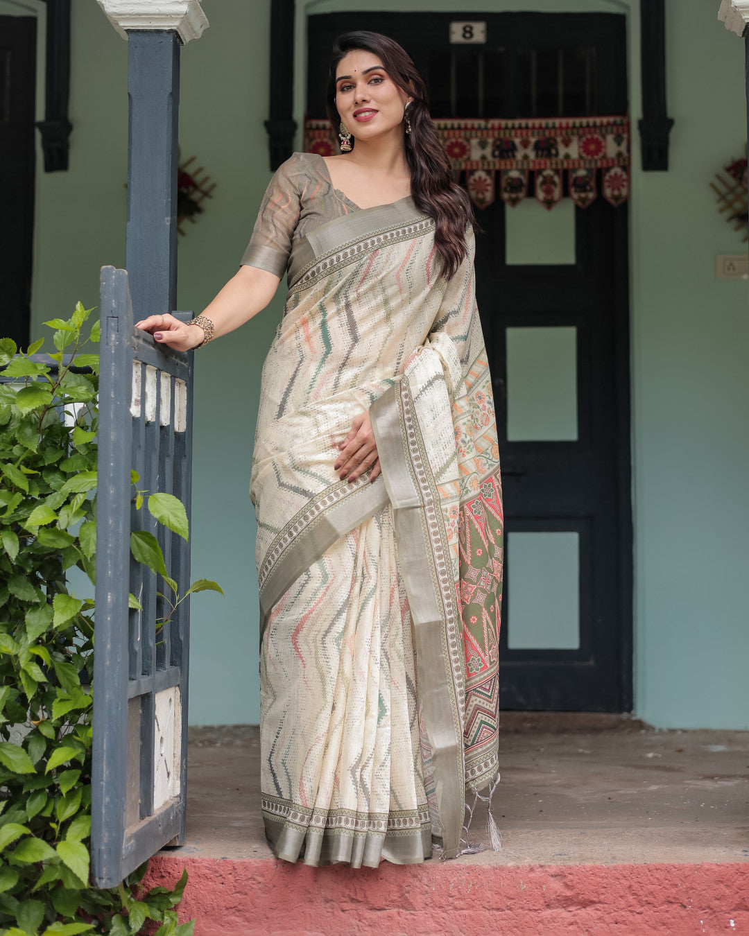 Mahendi Green Soft Linen Cotton Saree With Digital Printed Work