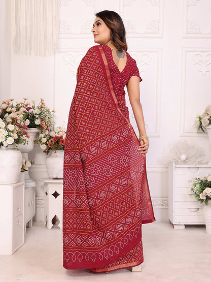 Red Bandhej Printed Soft Cotton Saree With Zari Border | Traditional Festive Ethnic Wear – JaipurSaaj