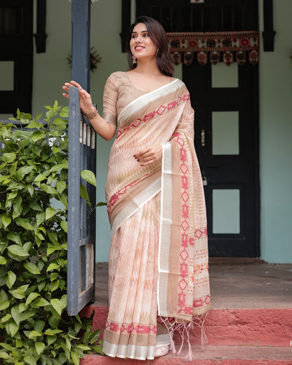 Beige Soft Linen Cotton Saree With Digital Printed Work