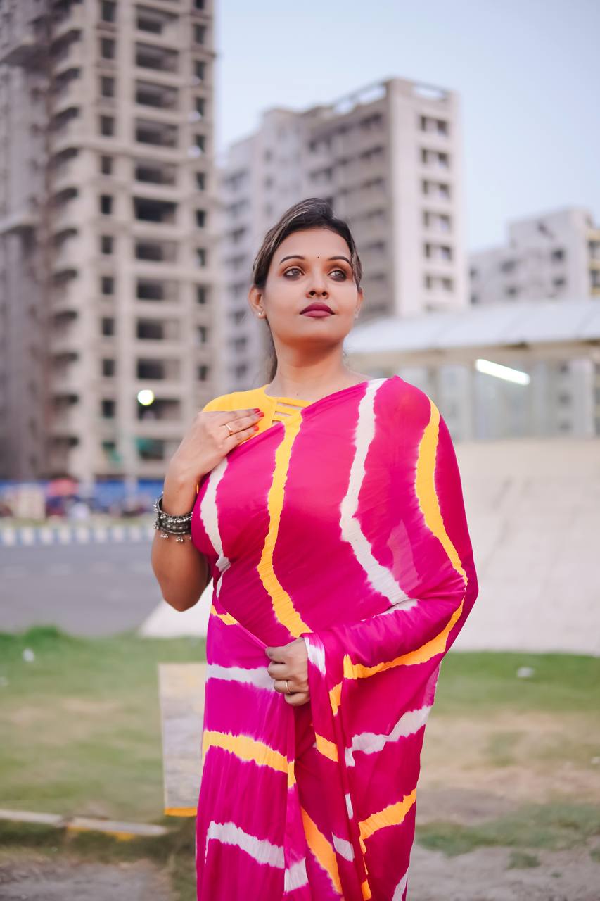 Pink Soft Chinon Silk Saree With Shibori Printed Work | Casual & Festive Wear – JaipurSaaj