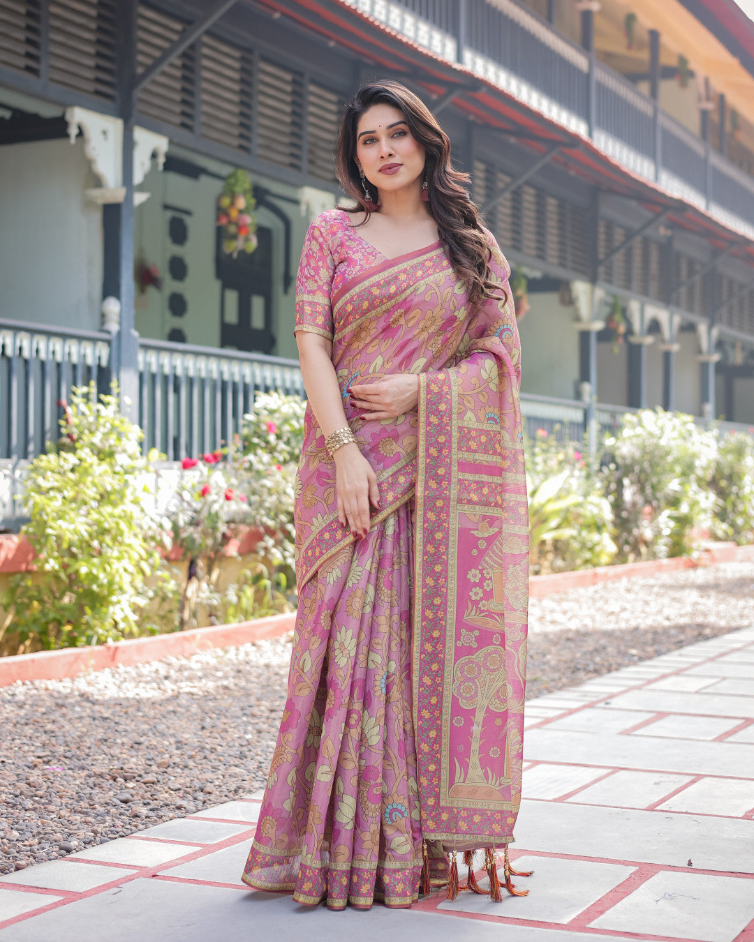Pink Kalamkari Digital Printed Linen Cotton Saree | Summer Casual & Ethnic Wear – JaipurSaaj