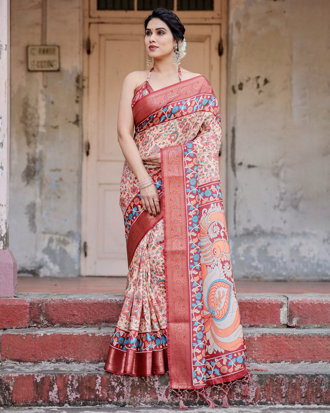 Multi Kalamakari Floral Printed Tussar Silk Saree With Zari Motif Border | Festive Ethnic Wear – JaipurSaaj