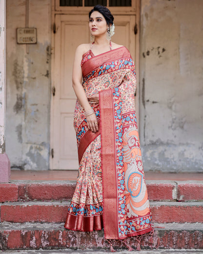 Multi Kalamakari Floral Printed Tussar Silk Saree With Zari Motif Border | Festive Ethnic Wear – JaipurSaaj