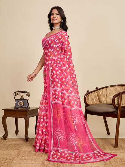 Pink Linen Cotton Saree With Digital Printed Work And Silver Zari Border | Lightweight Office & Daily Wear – JaipurSaaj