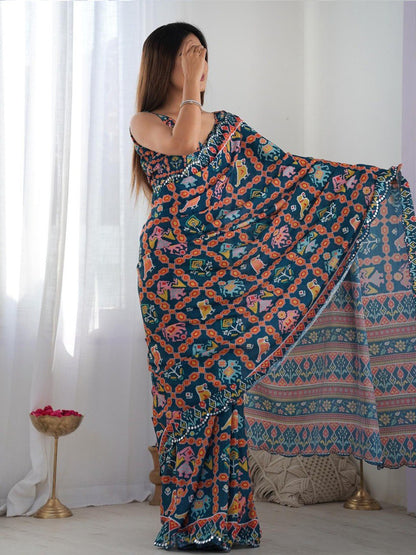 Navy Blue Georgette Saree With Printed And Mirror Work With Arco Border