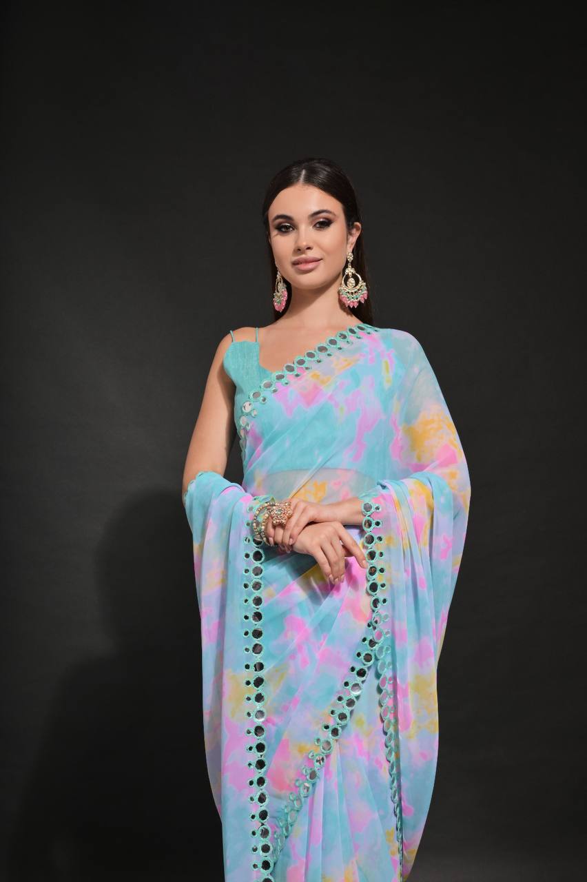 Sky Blue Chiffon Silk Saree with Prism Print & Foil Mirror Work Border | Designer Party Wear – JaipurSaaj