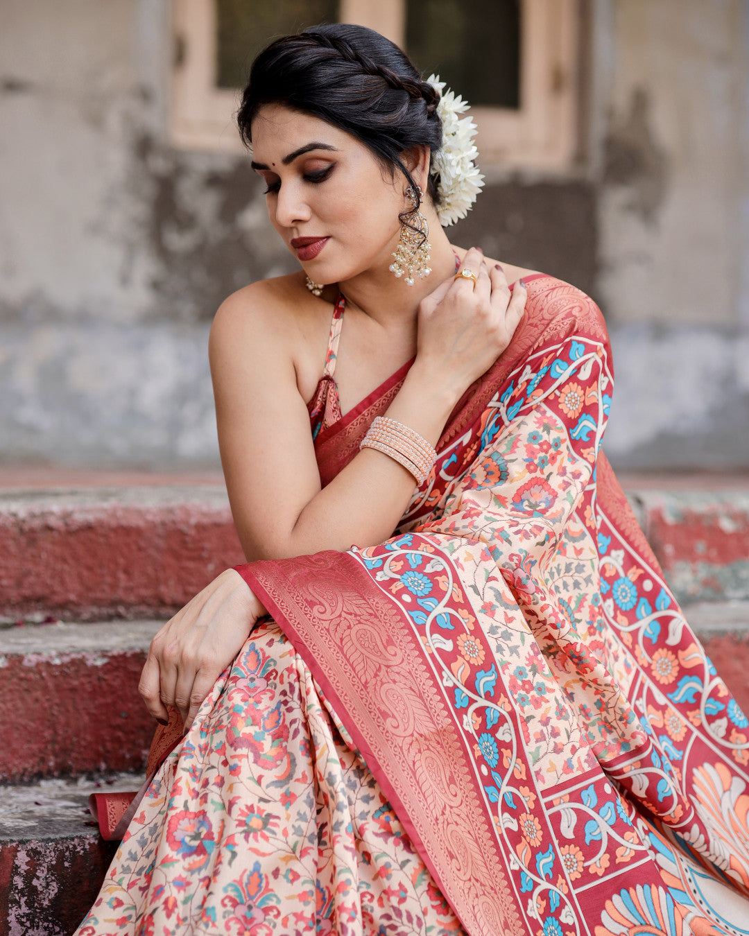 Multi Kalamakari Floral Printed Tussar Silk Saree With Zari Motif Border | Festive Ethnic Wear – JaipurSaaj