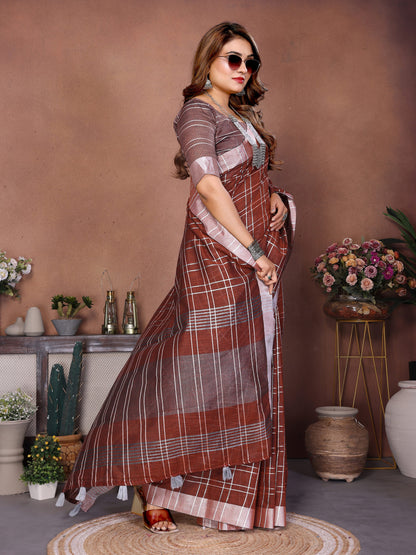 Maroon Linen Cotton Saree With Silver Zari Border