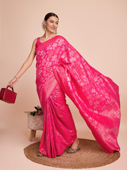 Golden & Copper Zari Weaving With Pink Soft Silk Banarasi Saree | Party & Wedding Wear - JaipurSaaj
