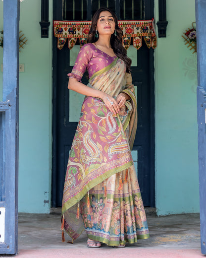 Multi Color Kalamkari Digital Printed Linen Cotton Saree | Summer Casual & Ethnic Wear – JaipurSaaj