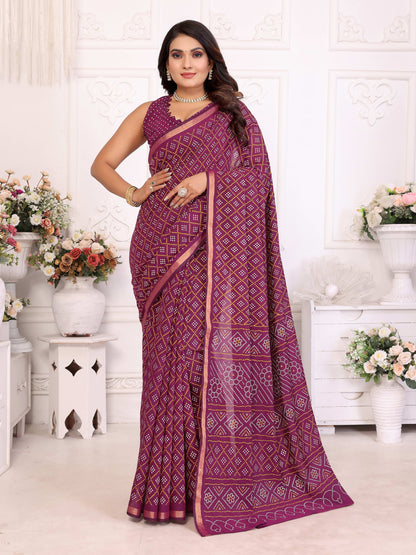 Magenta Bandhej Printed Soft Cotton Saree With Zari Border | Traditional Festive Ethnic Wear – JaipurSaaj