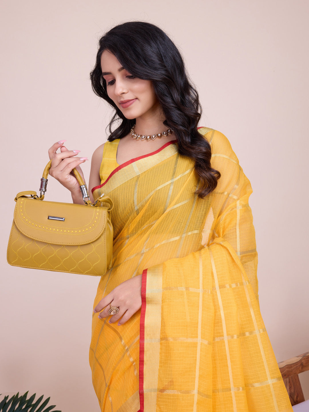 Yellow Kota Doriya Saree With Zari Weaving Work