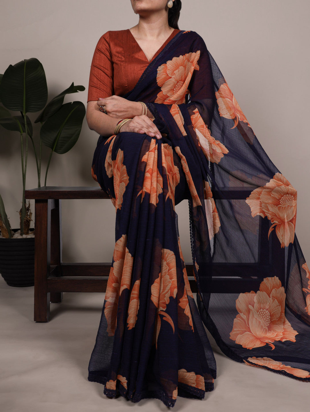 Magenta Chiffon Saree with Floral Printed Work & Lace Border | Designer Party Wear – JaipurSaaj