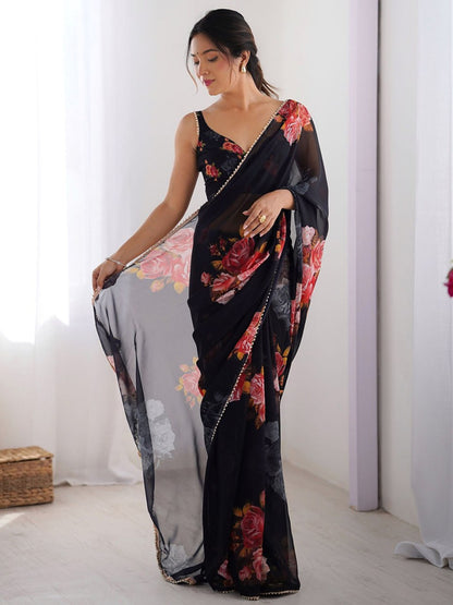 Black Georgette Saree With Printed Work And Moti Border
