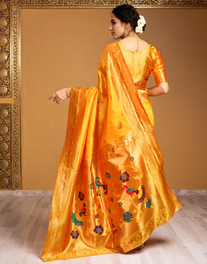 Yellow Paithani Silk Saree With Zari Weaving Work