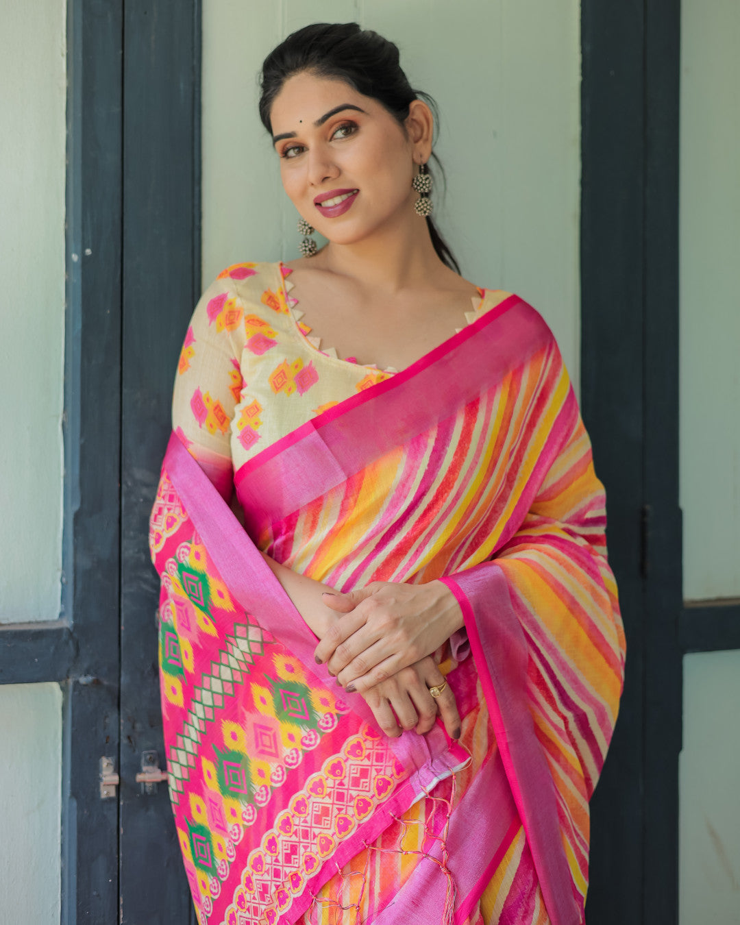 Yellow And Pink Soft Linen Cotton Saree With Digital Printed Work