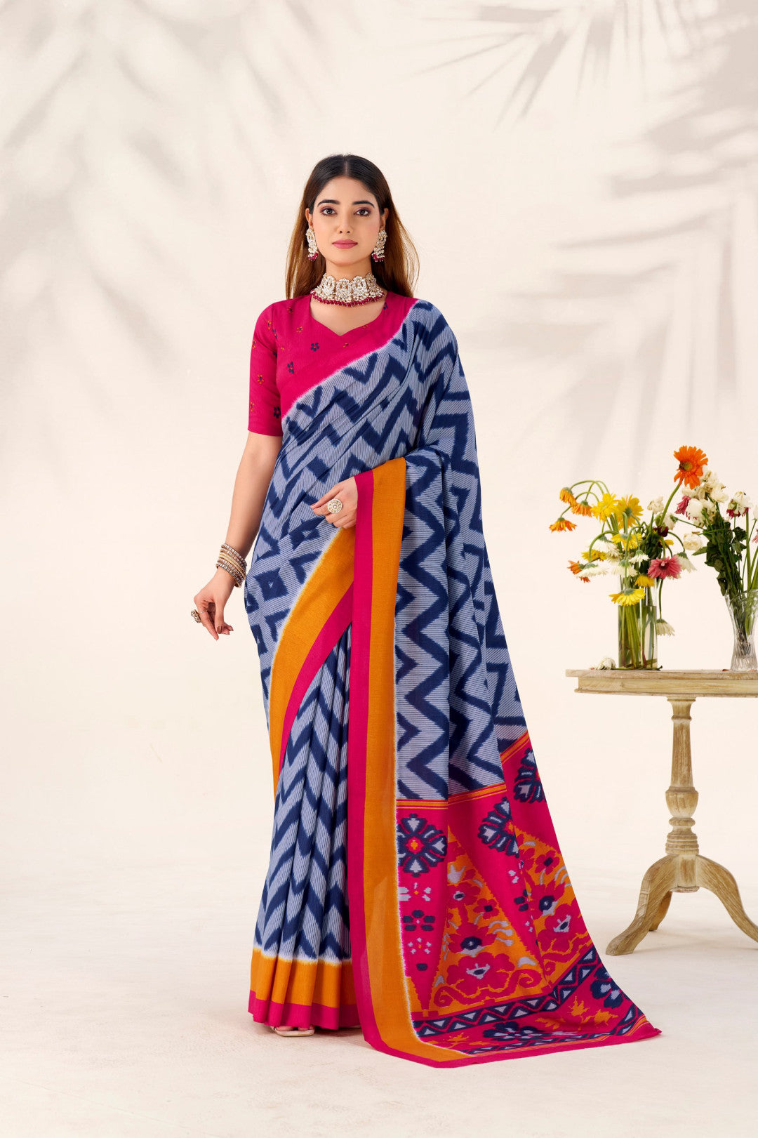 Multi Color Soft Tussar Silk Saree With Printed Work & Lace Border | Festive Ethnic Wear – JaipurSaaj