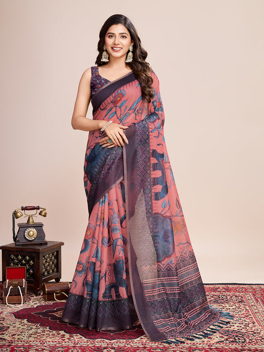 Multi Soft Linen Cotton Saree With Kalamkari Printed Work