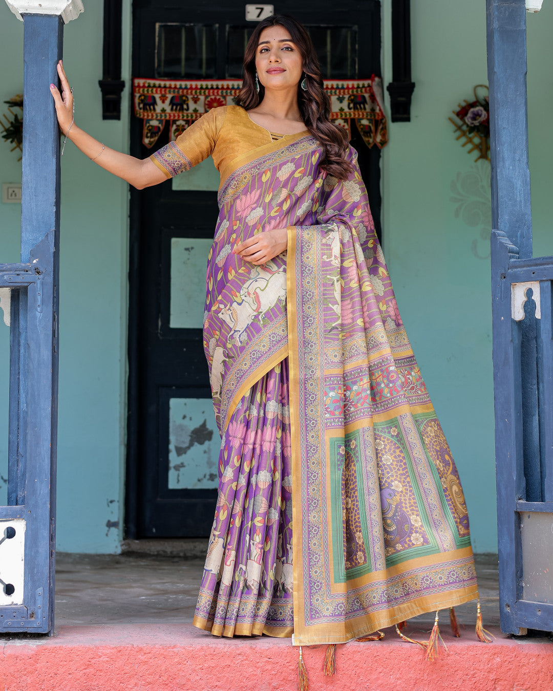Multi Color Kalamkari Digital Printed Linen Cotton Saree | Summer Casual & Ethnic Wear – JaipurSaaj