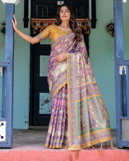 Multi Color Kalamkari Digital Printed Linen Cotton Saree | Summer Casual & Ethnic Wear – JaipurSaaj