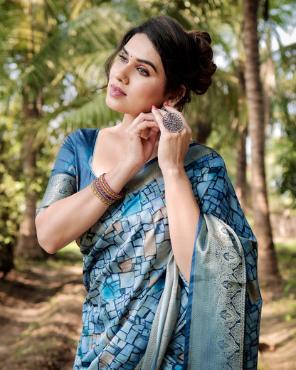 Rama Green Digital Printed Tussar Silk Saree With Zari Motif Border | Traditional Casual & Festive Wear – JaipurSaaj