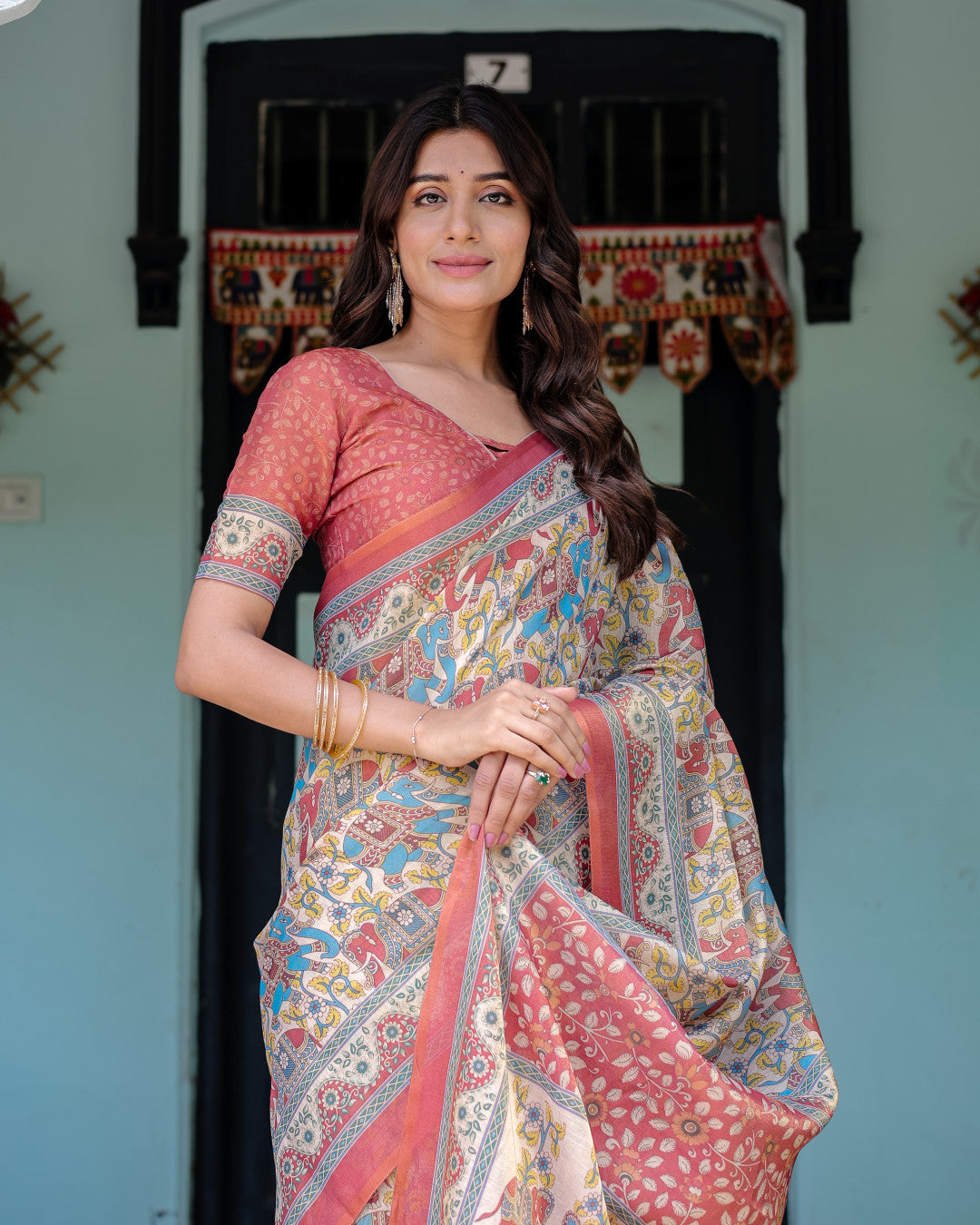 Multi Color Kalamkari Digital Printed Linen Cotton Saree | Summer Casual & Ethnic Wear – JaipurSaaj
