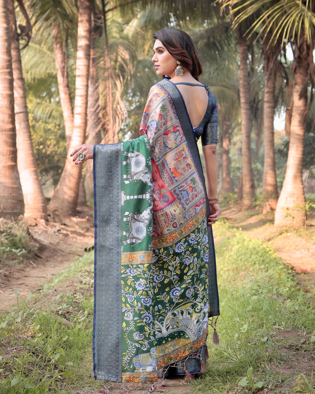 Multi Color Kalamkari Digital Printed Tussar Silk Saree | Designer Festive Ethnic Wear – JaipurSaaj