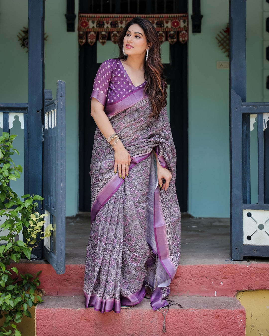 Magenta Summer Special Digital Printed Linen Cotton Saree