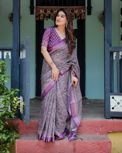 Magenta Summer Special Digital Printed Linen Cotton Saree