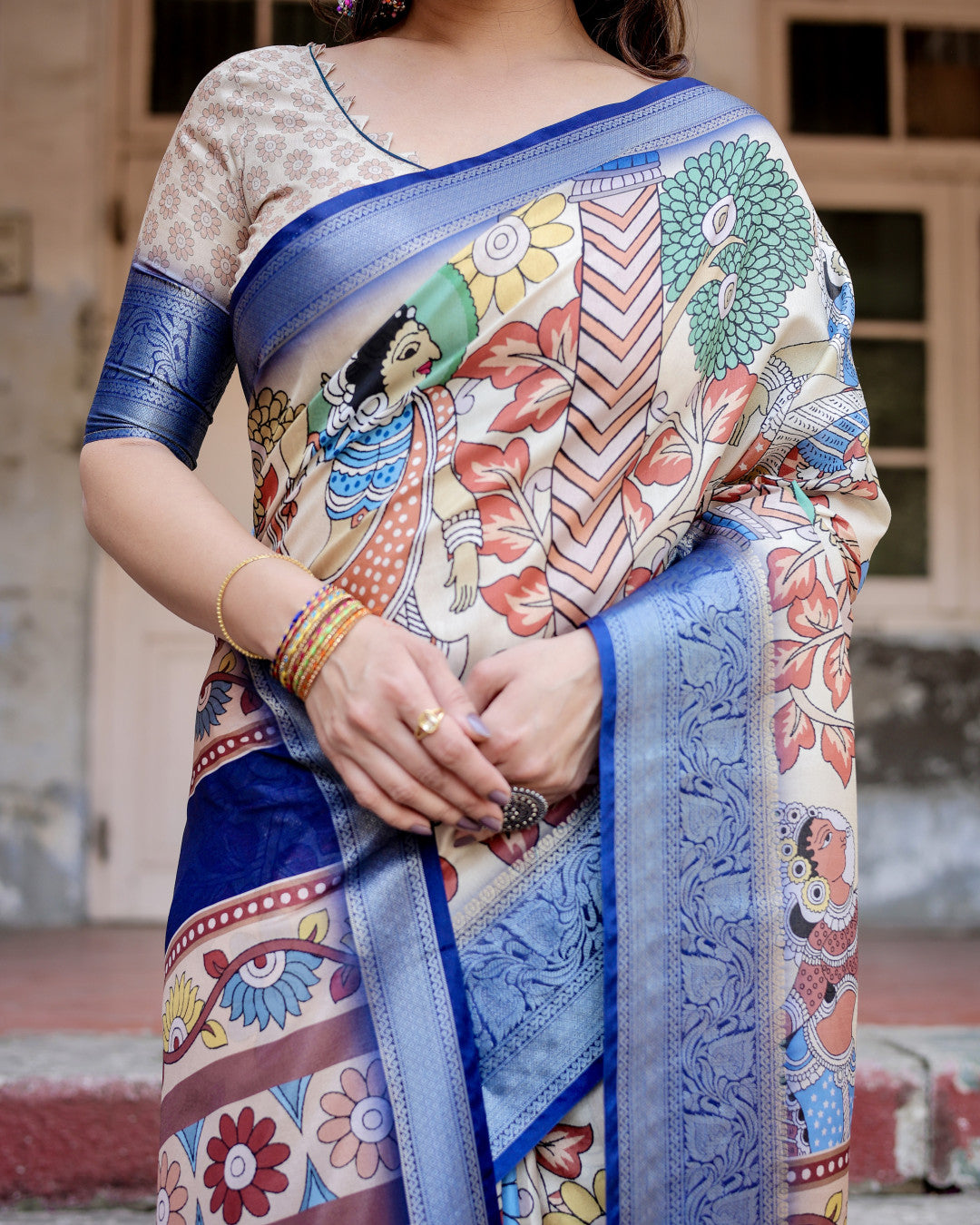 Multi Kalamakari Floral Printed Tussar Silk Saree With Zari Motif Border | Festive Ethnic Wear – JaipurSaaj