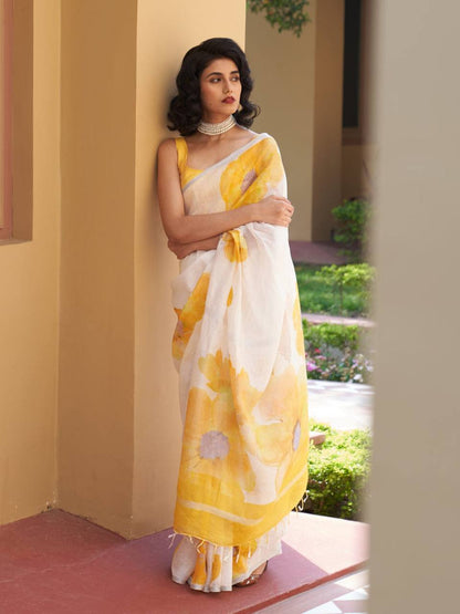 Yellow Color Plain Mix Linen Cotton Saree With Digital Printed Work