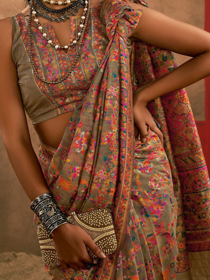 Gray Pashmina Silk Saree With Traditional Woven Design | Festive & Wedding Wear – JaipurSaaj
