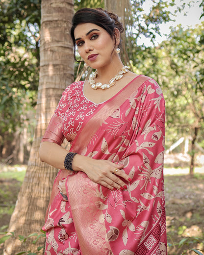 Pink Tussar Silk Saree with Floral Woven Motifs & Zari Border | Traditional Festive Wear – JaipurSaaj