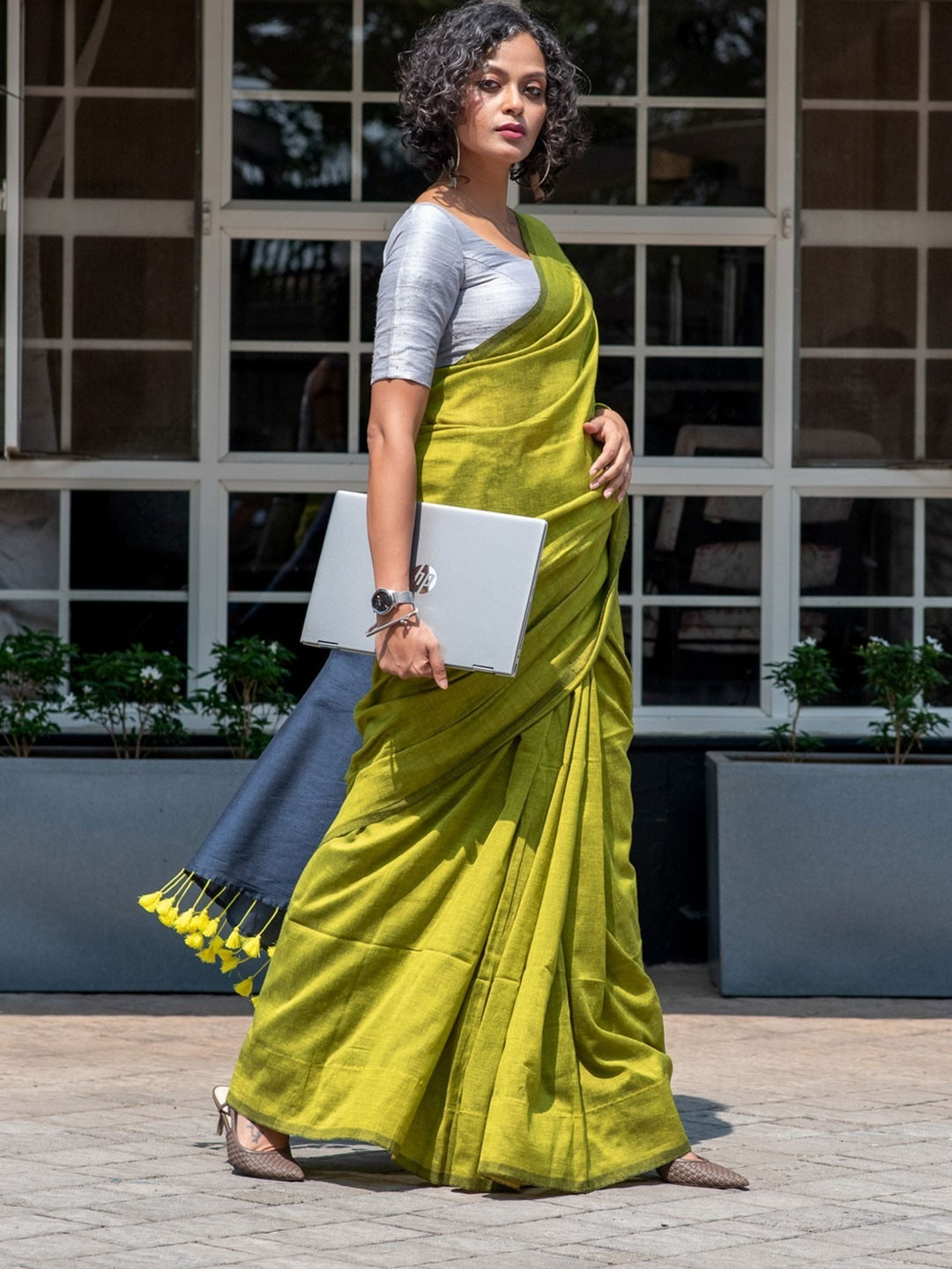 Parrot Green Color Plain Khadi Cotton Saree With Fancy Tassel Work