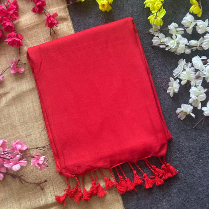 Red Plain Khadi Cotton Saree With Fancy Tassel Work