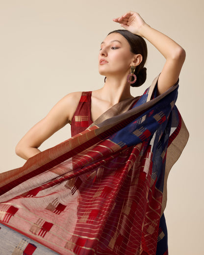 Navy Blue Color Cotton Silk Saree With Weaving Work