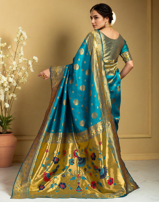 Firoji Paithani Silk Saree With Zari Weaving Work