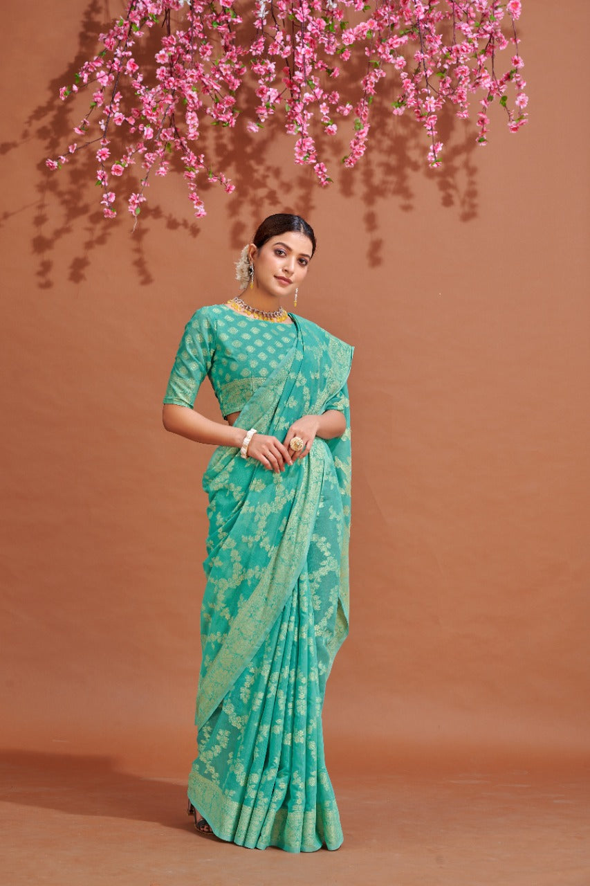 Sea Green Soft Cotton Saree With Lucknowi Work