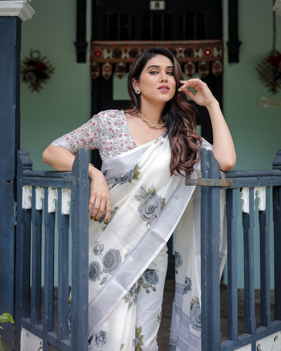 White Digital Printed Linen Cotton Saree | Summer Special Casual & Ethnic Wear – JaipurSaaj